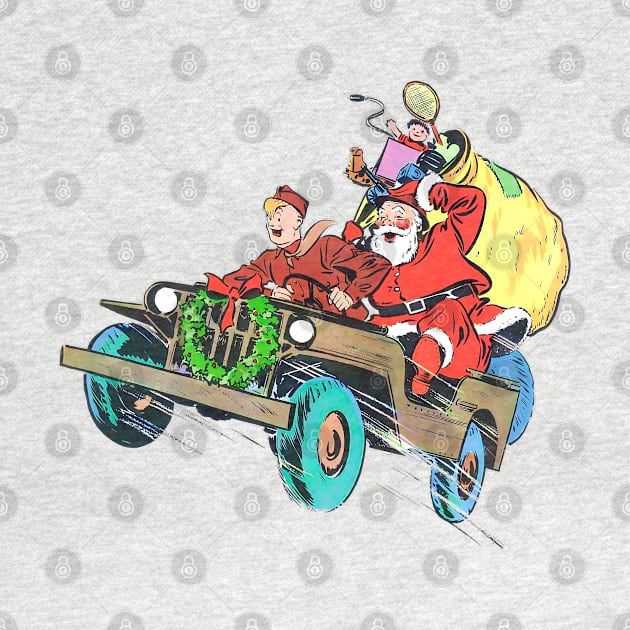 Retro Christmas Military truck at full speed with soldier carrying Santa Claus to deliver gift toys in Christmas fun Vintage Comic Book by REVISTANGO